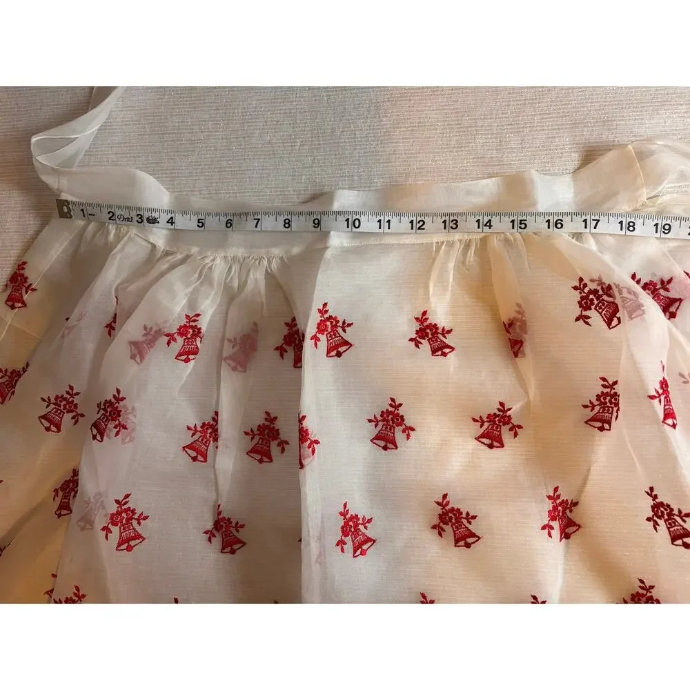 Vintage Christmas 1950s White Red Hostess Half Apron Sheer Housewife ScallopCUTE